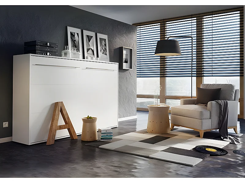 Lenart Armoire Lit escamotable Horizontal 120x200 cm Blanc mat Lit Rabattable Lit Mural Consus pro