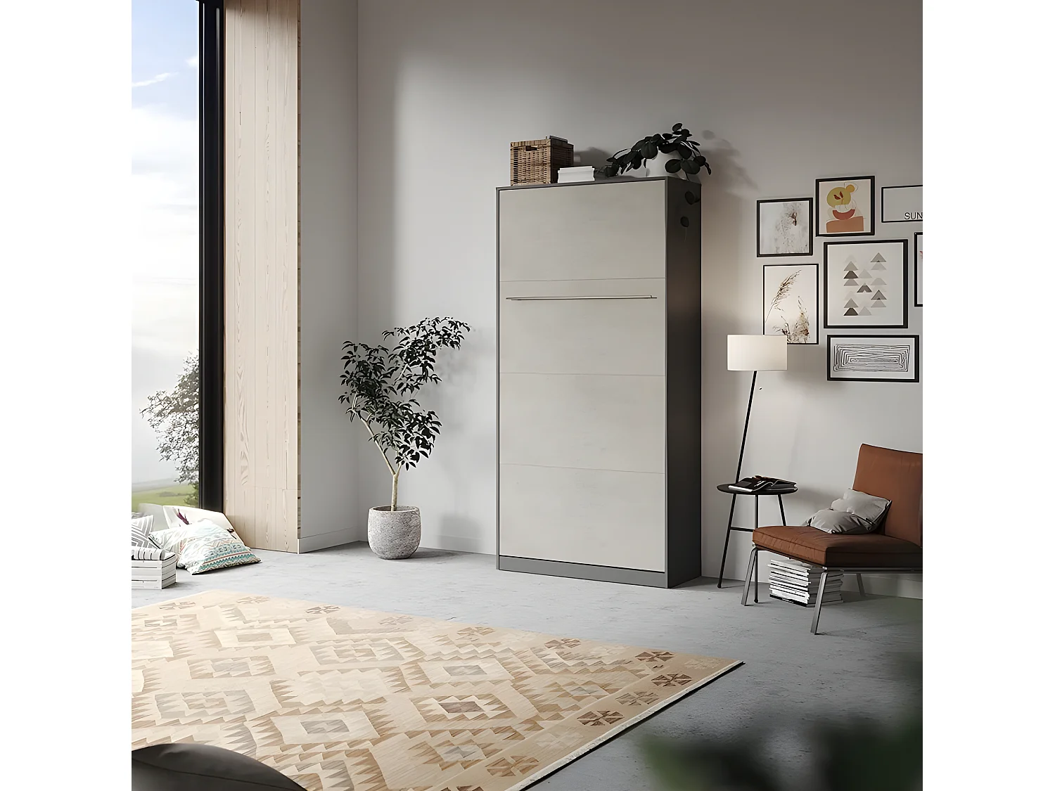 Armoire Lit escamotable 90x200cm Vertical Lit Rabattable Lit Mural Supérieur Anthracite/Béton
