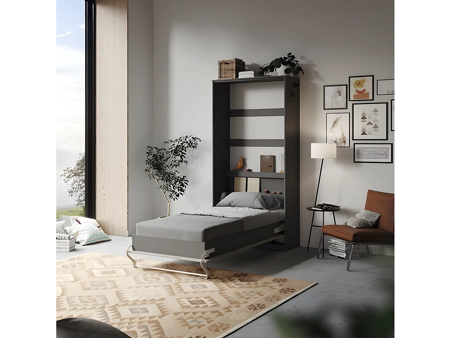 Armoire Lit escamotable 90x200cm Vertical Lit Rabattable Lit Mural Supérieur Anthracite/Béton