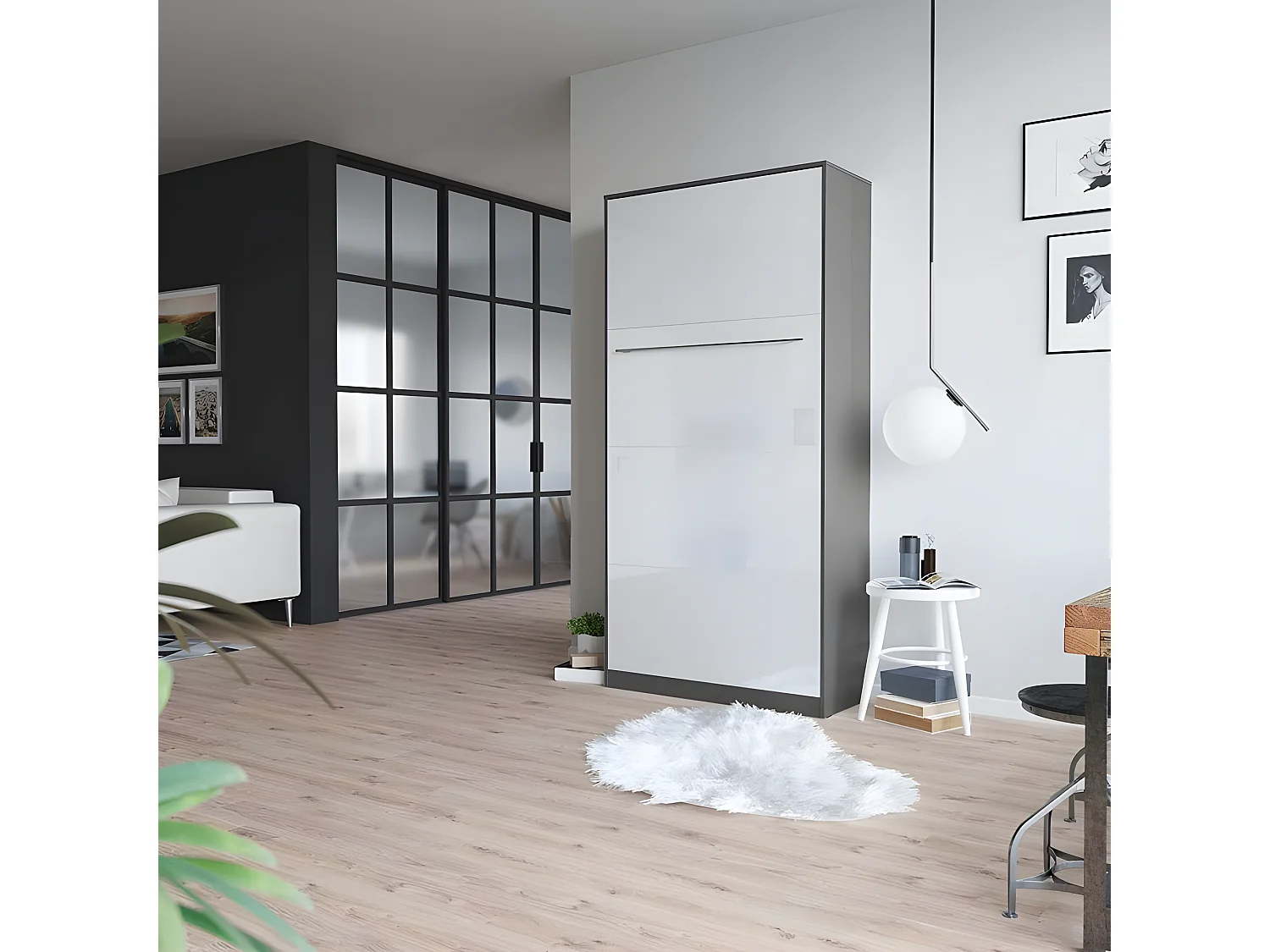 Armoire Lit escamotable 90x200cm Vertical Lit Rabattable Lit Mural Supérieur Anthracite/blanc brillant