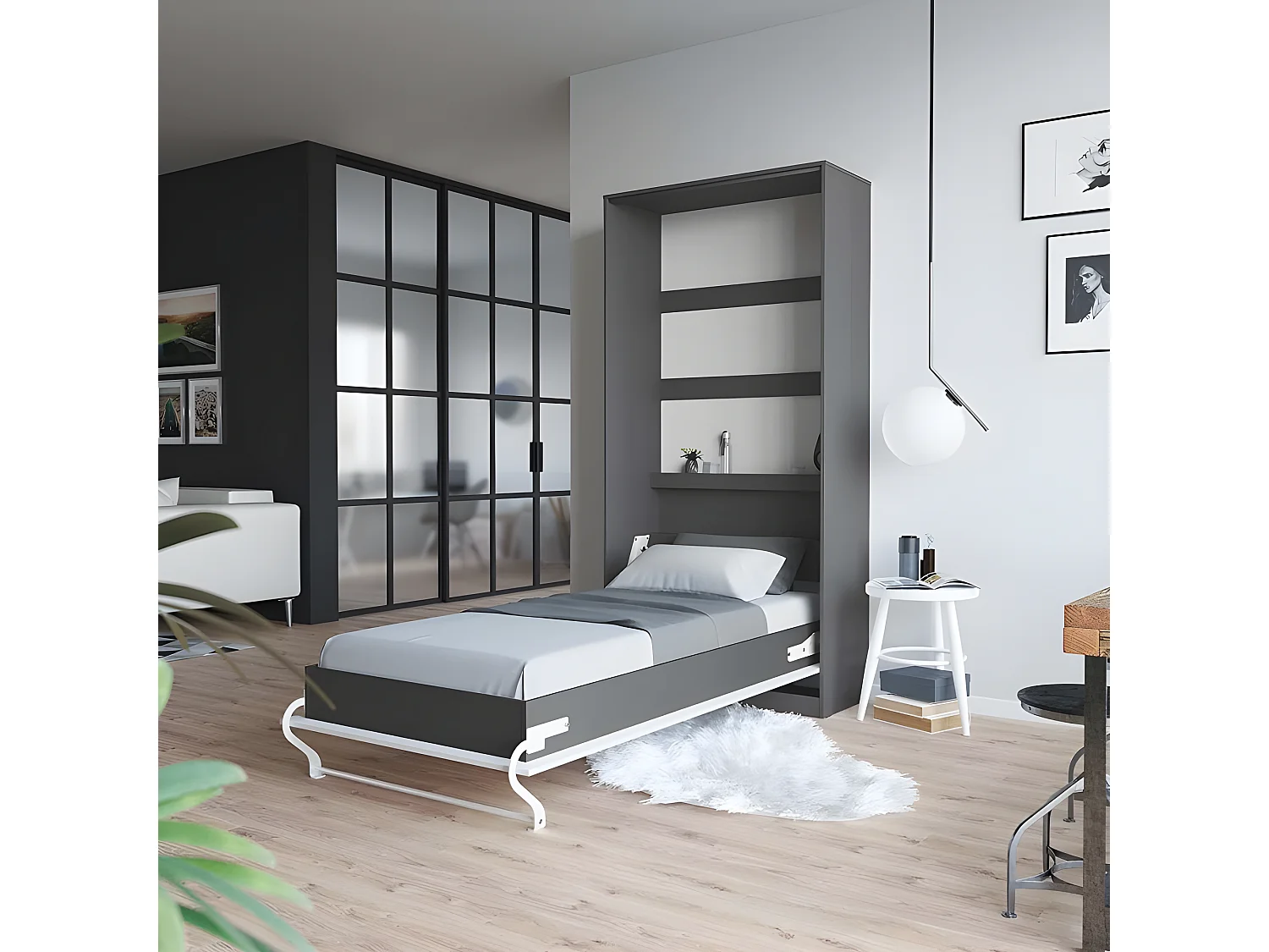 Armoire Lit escamotable 90x200cm Vertical Lit Rabattable Lit Mural Supérieur Anthracite/blanc brillant