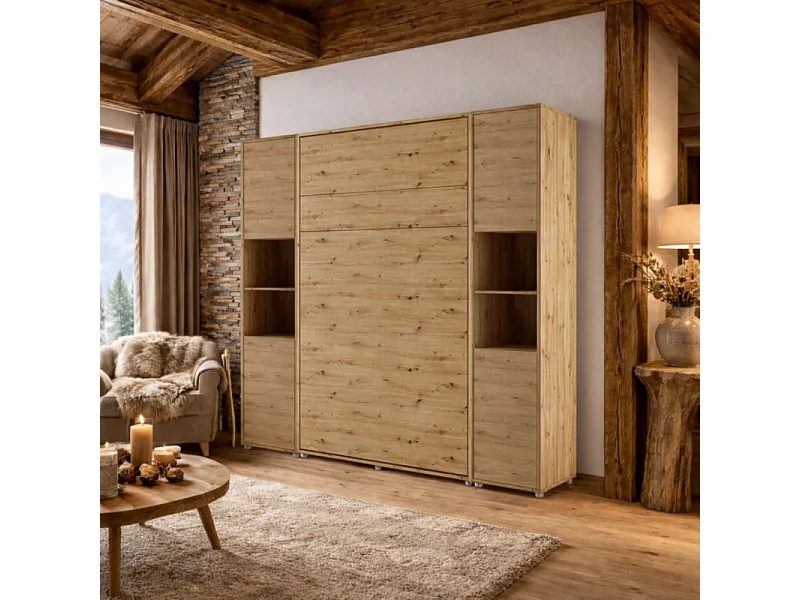 Lenart Armoire Lit escamotable +2 Placards Vertical 140x200 cm Chêne artisan Lit Rabattable Lit Mural"Consus"