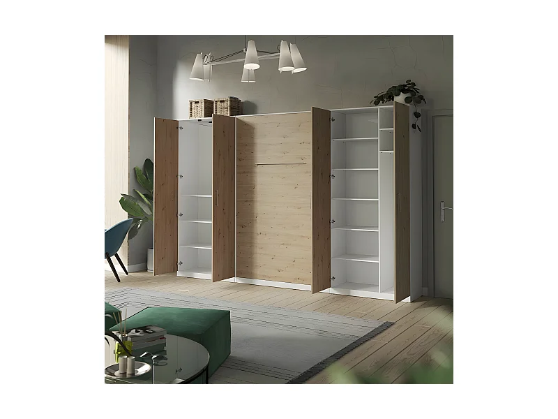 Lit escamotable +2 Placards Vertical 120x200+(100x2)cm Lit Rabattable Lit Mural Standard Blanc/Chêne Sauvage