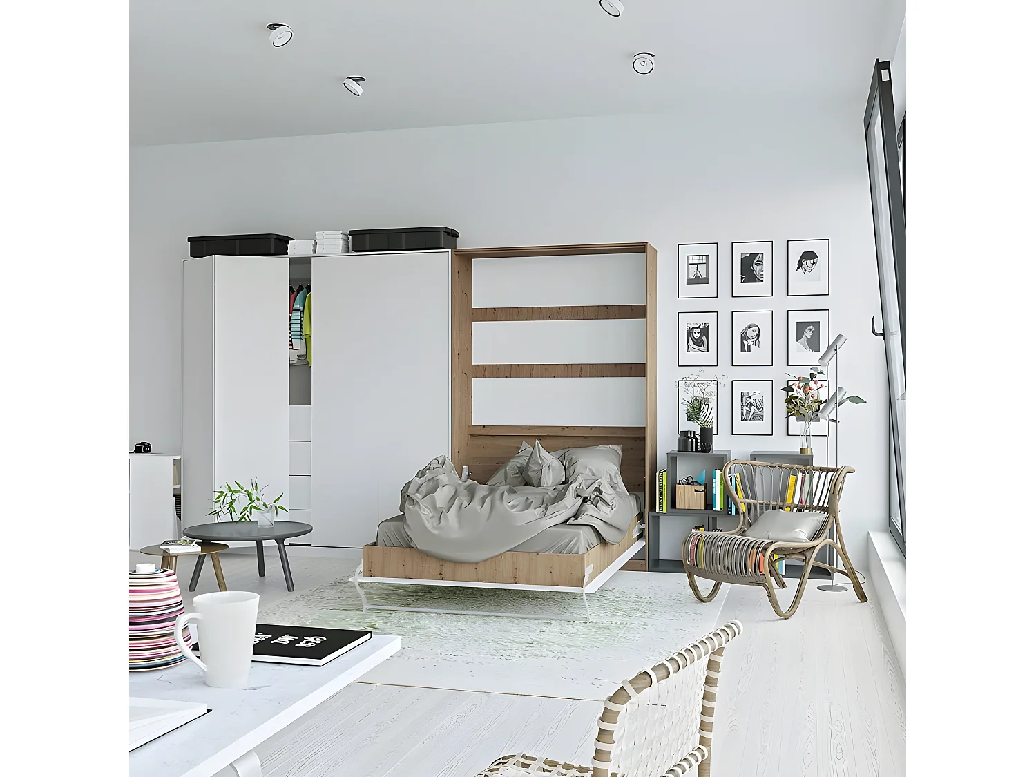 Armoire Lit escamotable 120x200cm Vertical Lit Rabattable Lit Mural Supérieur Chêne Sauvage/blanc