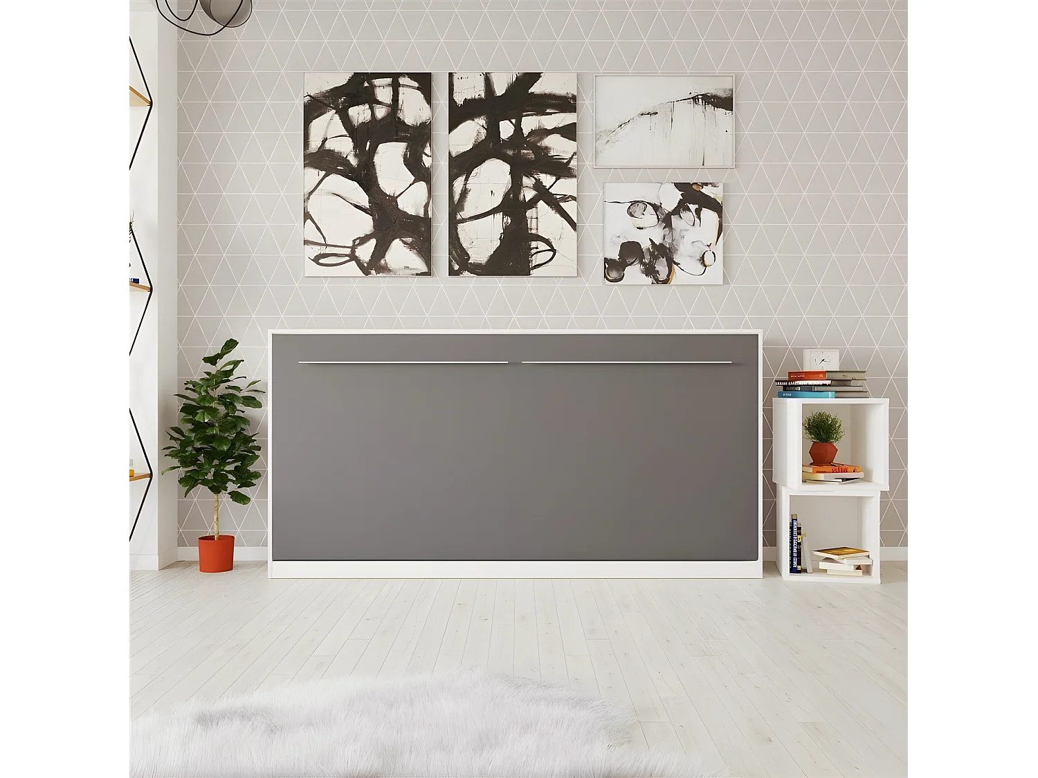 Armoire Lit escamotable 90x200cm Supérieur Horizontal Lit Rabattable Lit Mural Blanc/Anthracite