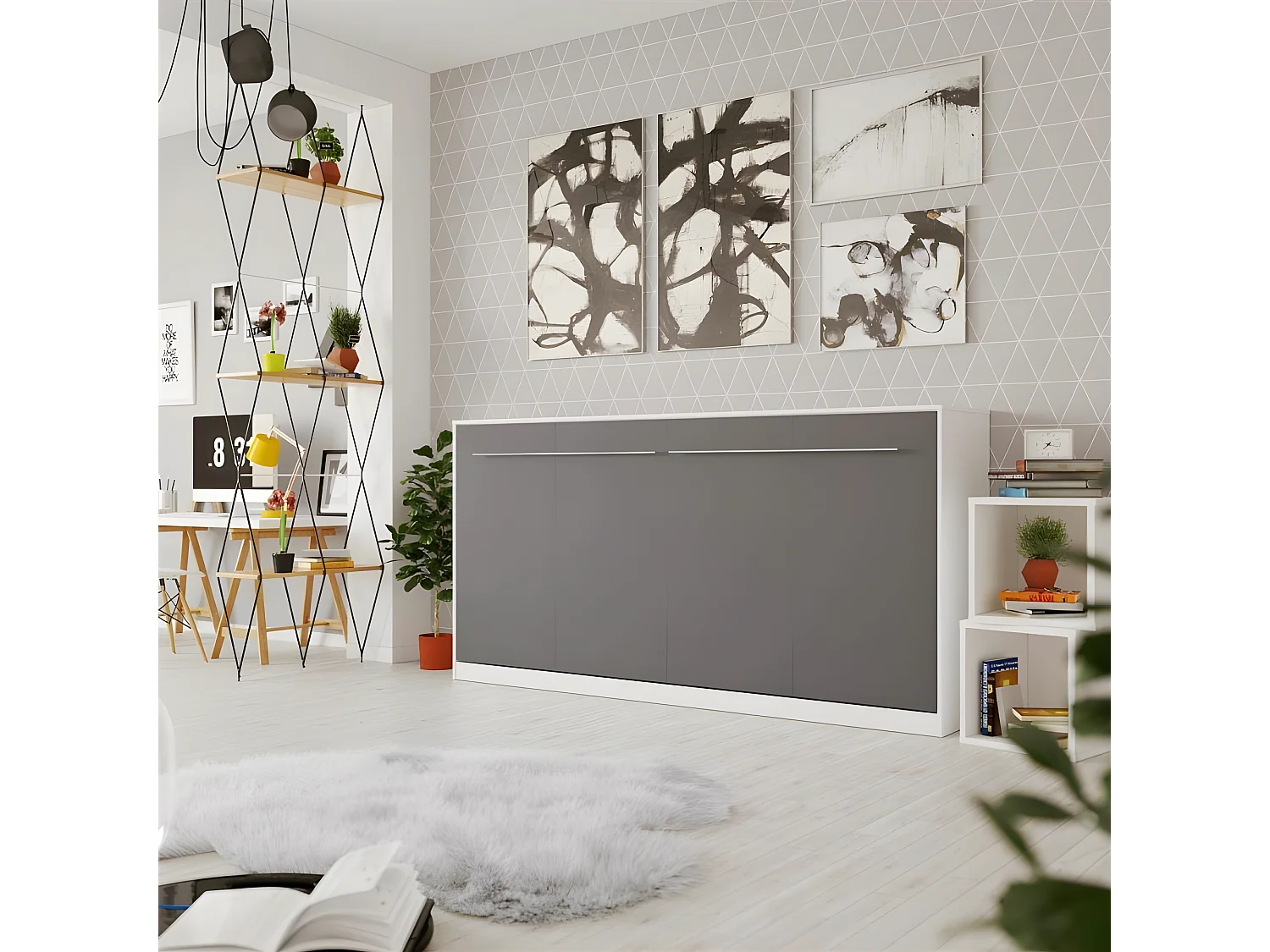 Armoire Lit escamotable 90x200cm Supérieur Horizontal Lit Rabattable Lit Mural Blanc/Anthracite
