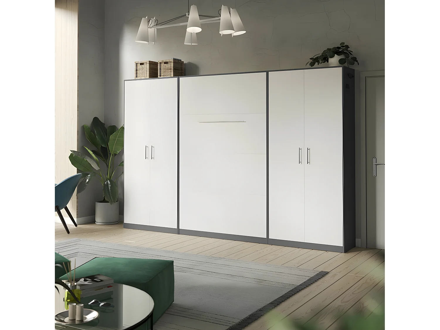 Lit escamotable +2 Placards Vertical 90x200+(80x2)cm Lit Rabattable Lit Mural Standard Anthracite/Blanc