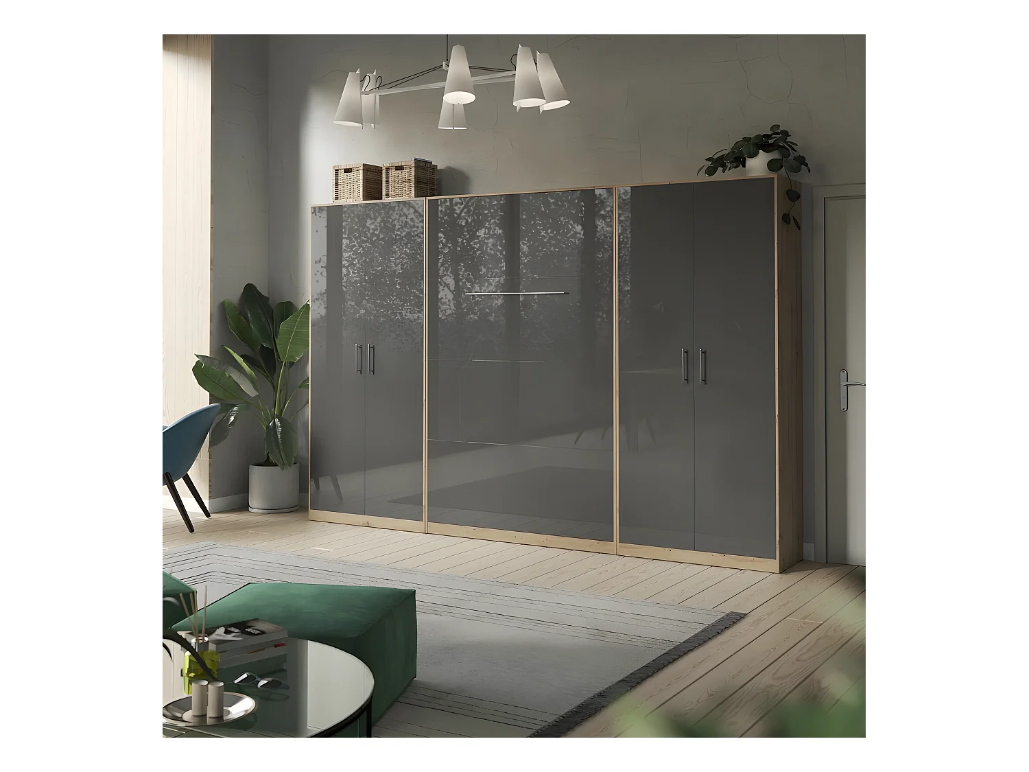 Lit escamotable +2 Placards Vertical 90x200+(80x2)cm Lit Rabattable Lit Mural Standard Chêne Sauvage/Anthracite brillant
