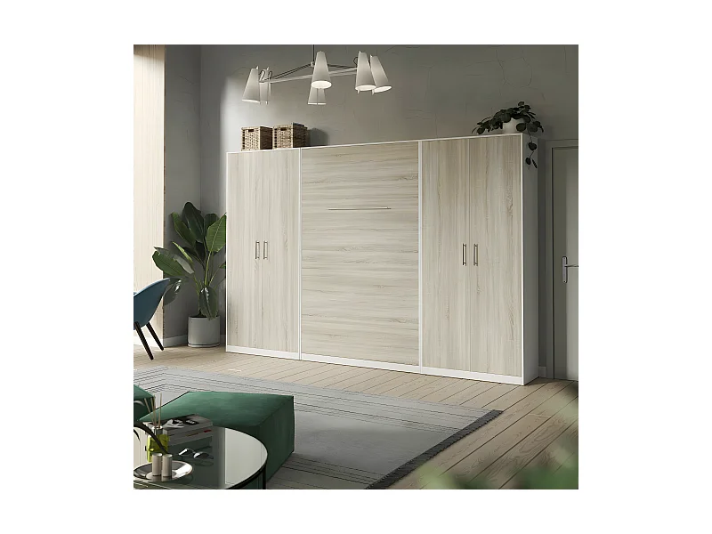 Lit escamotable +2 Placards Vertical 120x200+(80x2)cm Lit Rabattable Lit Mural Standard Blanc /Chêne Sonoma