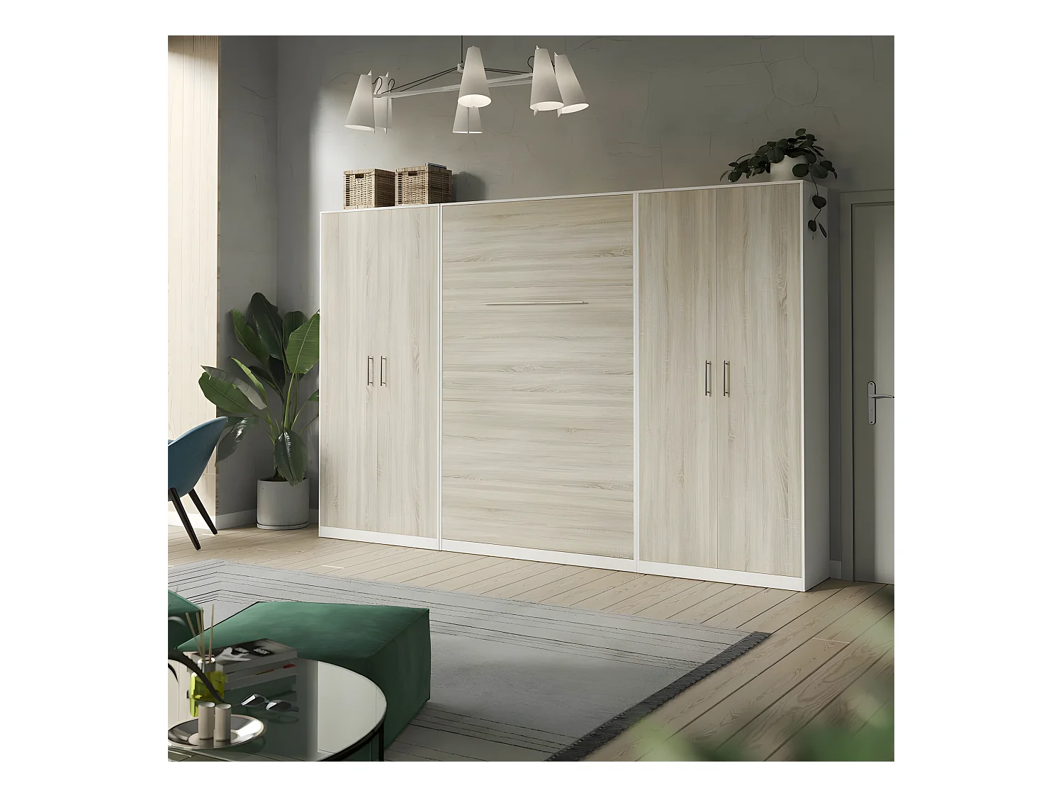 Lit escamotable +2 Placards Vertical 120x200+(80x2)cm Lit Rabattable Lit Mural Standard Blanc /Chêne Sonoma