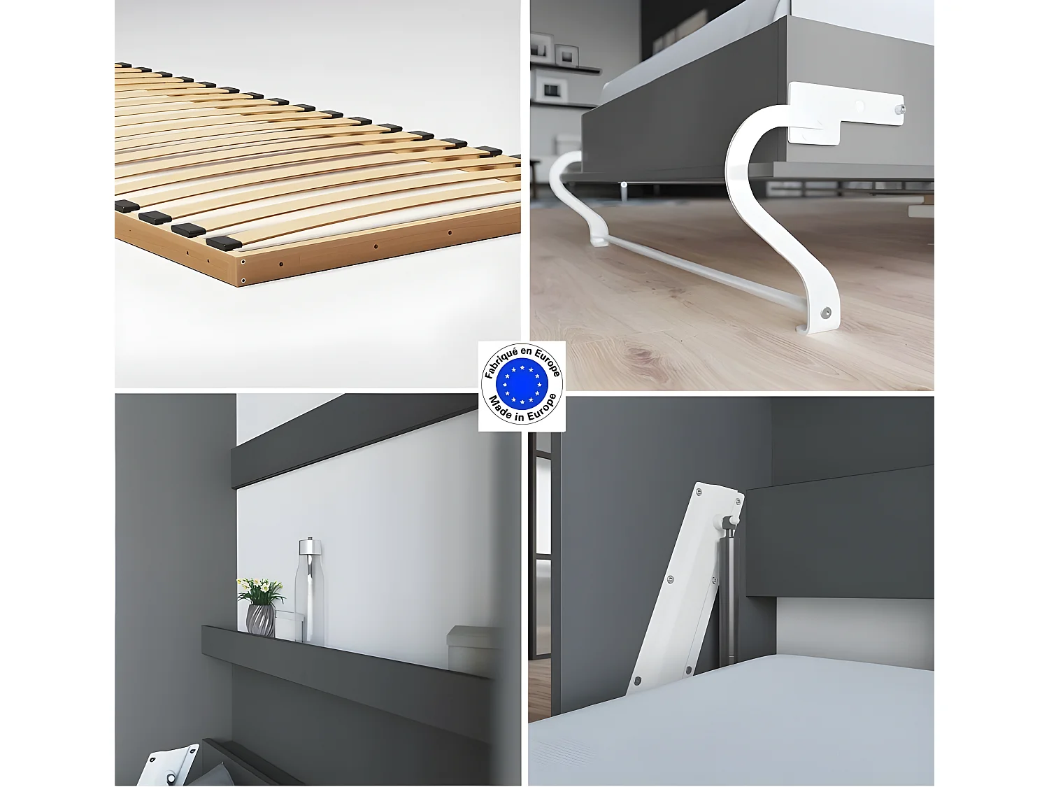 Lit escamotable +2 Placards Vertical 90x200+(50x2)cm Lit Rabattable Lit Mural Standard Anthracite/Anthracite