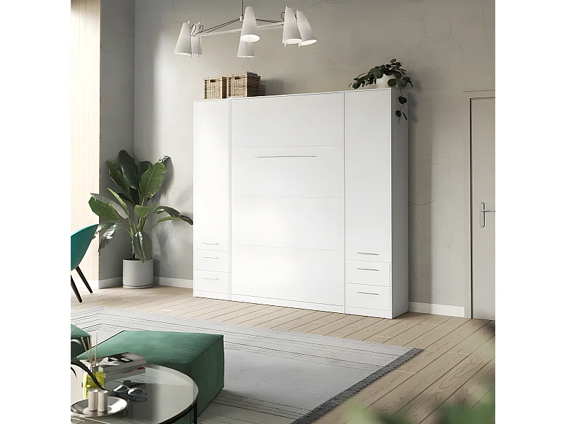 Lit escamotable +2 Placards Vertical 90x200+(50x2)cm Lit Rabattable Lit Mural Standard Blanc/blanc