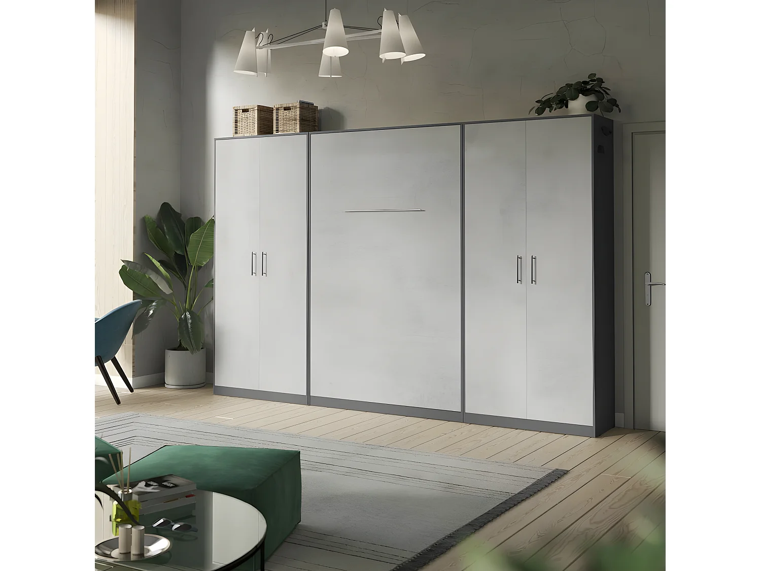 Lit escamotable +2 Placards Vertical 90x200+(80x2)cm Lit Rabattable Lit Mural Standard Anthracite/Béton