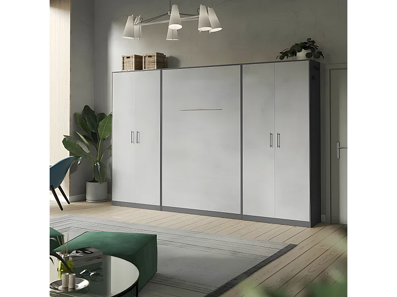 Lit escamotable +2 Placards Vertical 90x200+(80x2)cm Lit Rabattable Lit Mural Standard Anthracite/Béton