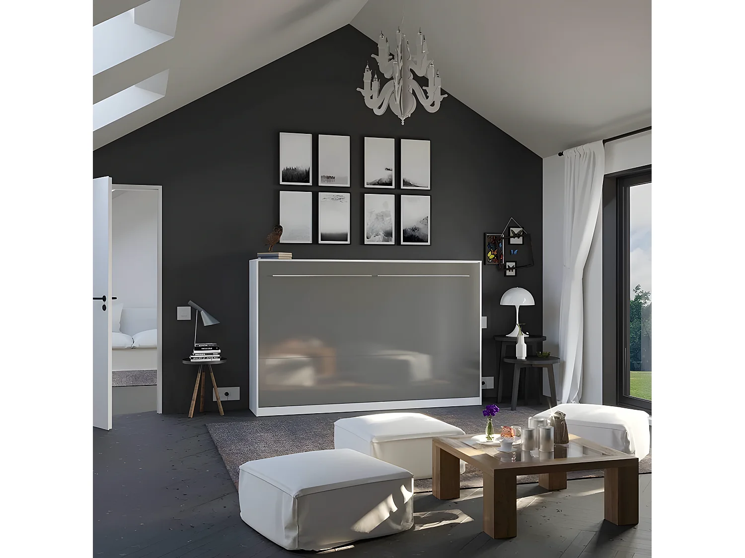 Armoire Lit escamotable 120x200cm Supérieur Horizontal Lit Rabattable Lit Mural Blanc/Anthracite Brillant