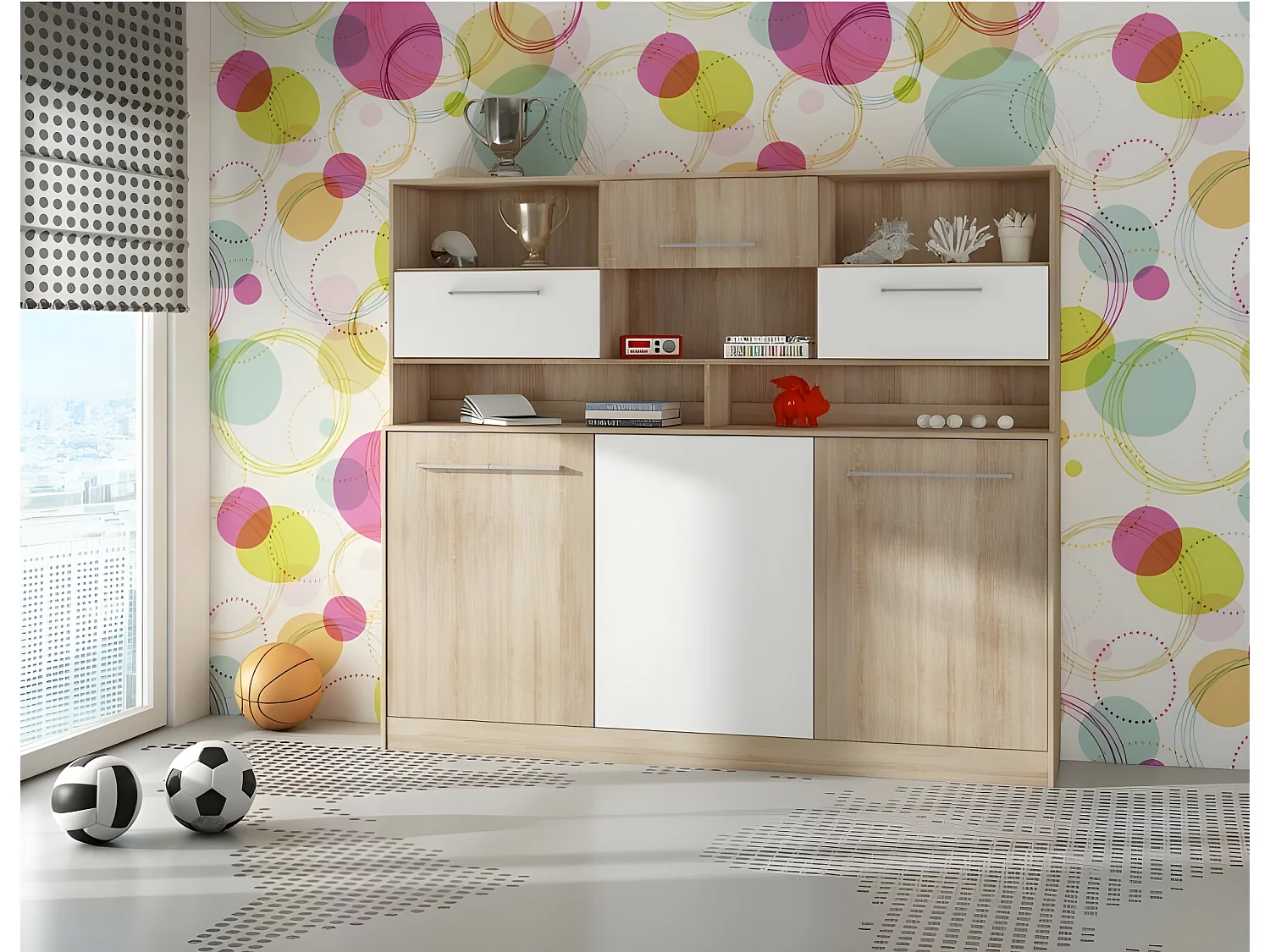 Armoire Lit escamotable Horizontal 90x200 cm avec étagères Sonoma blanc Lit Rabattable Lit Mural Roddy