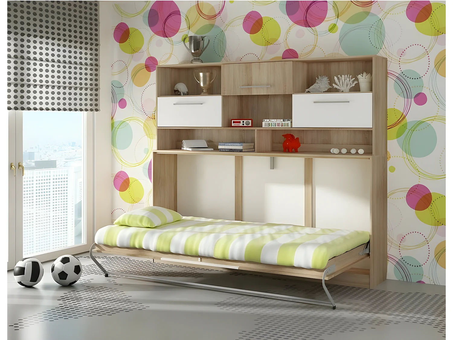 Armoire Lit escamotable Horizontal 90x200 cm avec étagères Sonoma blanc Lit Rabattable Lit Mural Roddy