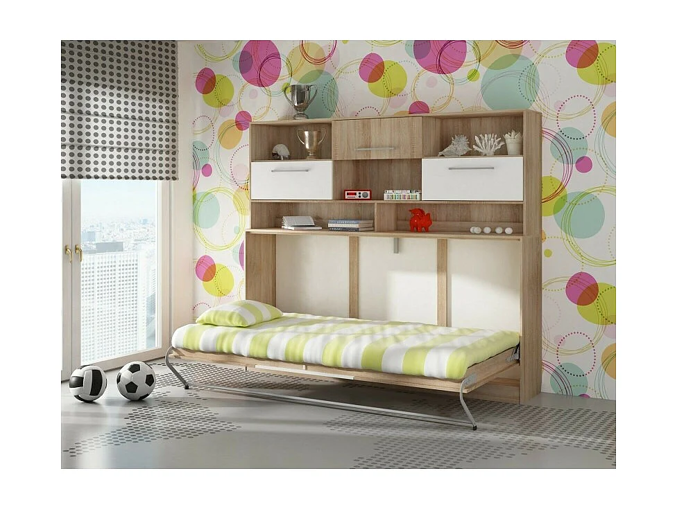 Armoire Lit escamotable Horizontal 90x200 cm avec étagères Sonoma blanc Lit Rabattable Lit Mural Roddy