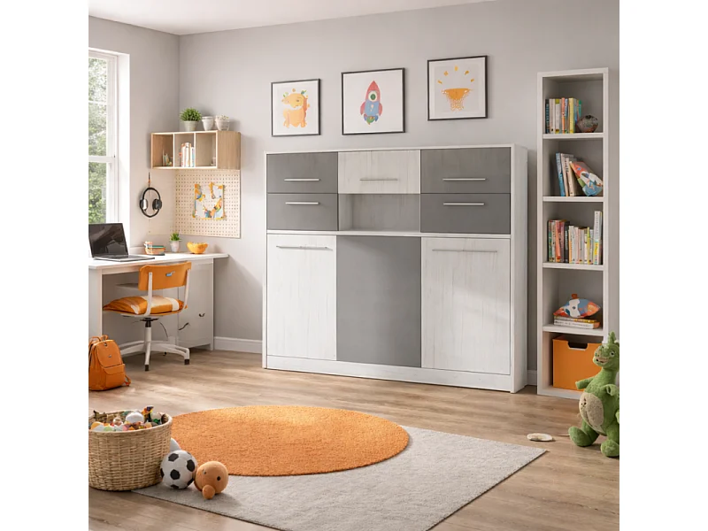 Armoire Lit escamotable Horizontal 90x200 cm avec étagères Sonoma blanc Lit Rabattable Lit Mural Roddy