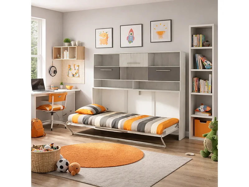 Armoire Lit escamotable Horizontal 90x200 cm avec étagères Sonoma blanc Lit Rabattable Lit Mural Roddy