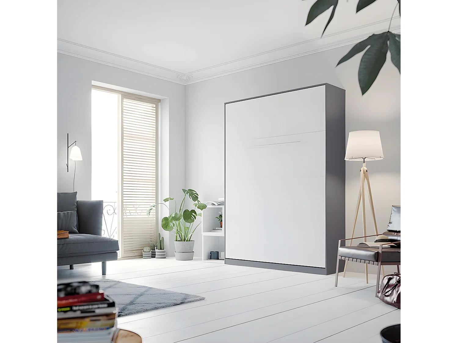 Armoire Lit escamotable 140x200cm Lit Rabattable Lit Mural Supérieur Vertical Anthracite/Blanc