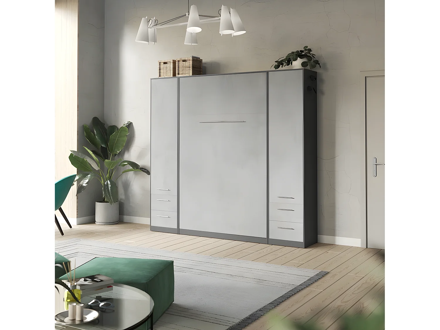 Lit escamotable +2 Placards Vertical 140x200+(50x2)cm Lit Rabattable Lit Mural Standard Anthracite/Béton