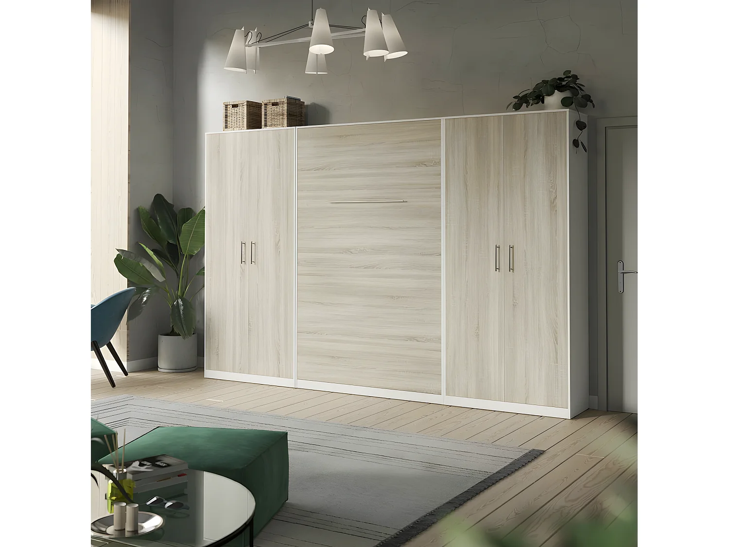 Lit escamotable +2 Placards Vertical 140x200+(100x2)cm Lit Rabattable Lit Mural Standard Blanc /Chêne Sonoma