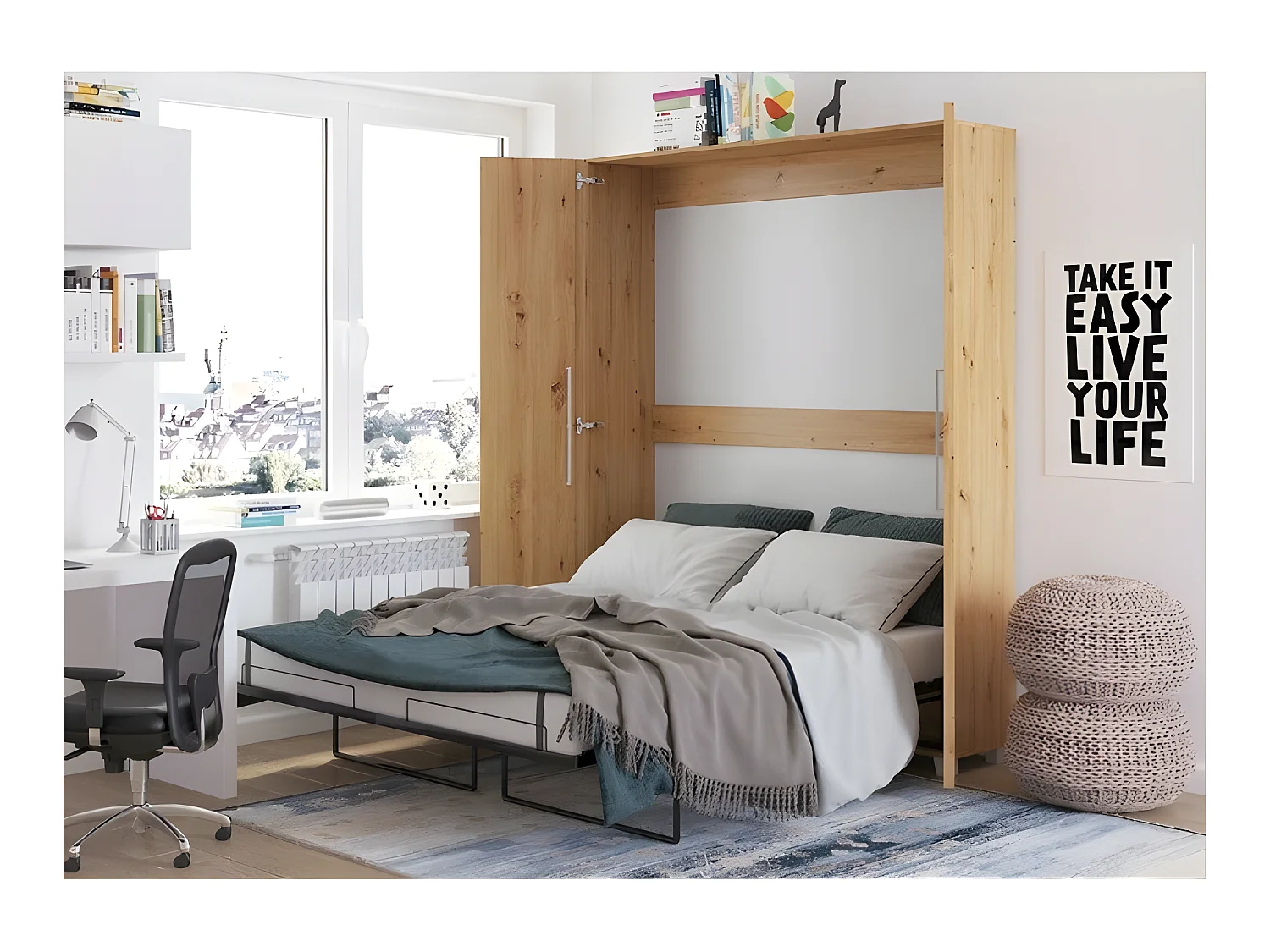 Armoire Lit escamotable Vertical 160x200 cm Chêne Artisan avec porte Lit Rabattable Lit Mural Todor