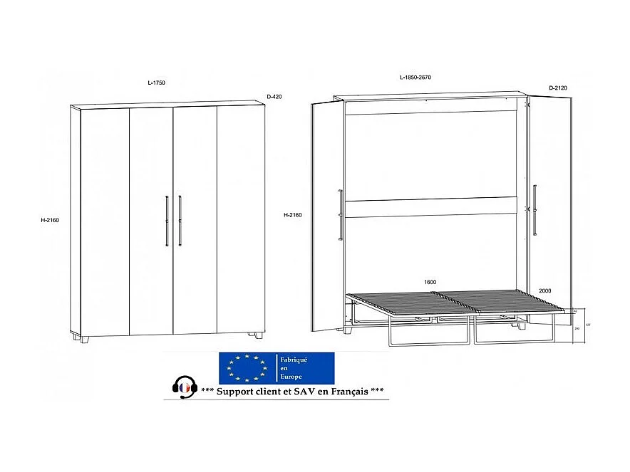 Armoire Lit escamotable Vertical 160x200 cm Chêne Artisan avec porte Lit Rabattable Lit Mural Todor