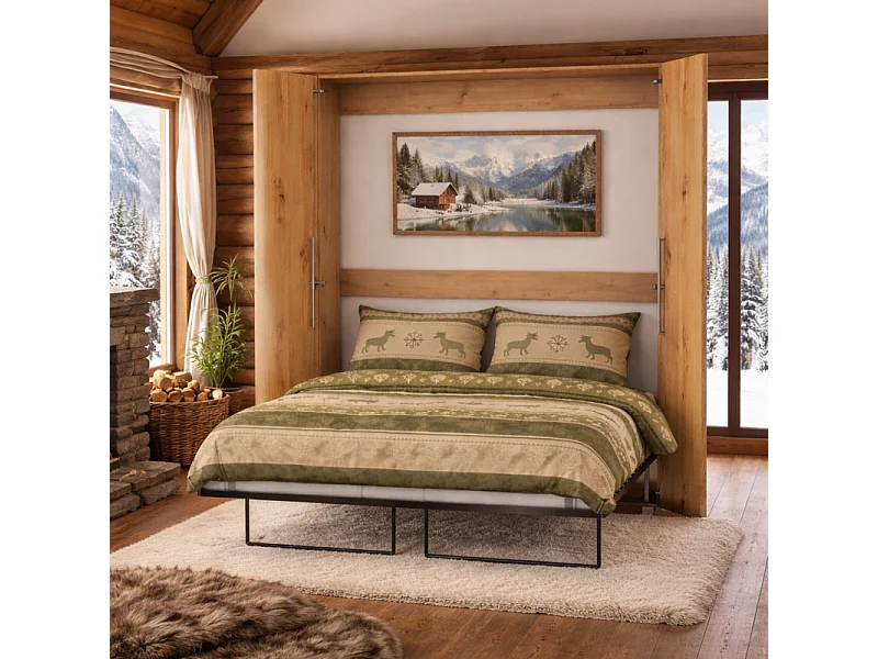 Armoire Lit escamotable Vertical 160x200 cm Chêne Artisan avec porte Lit Rabattable Lit Mural Todor