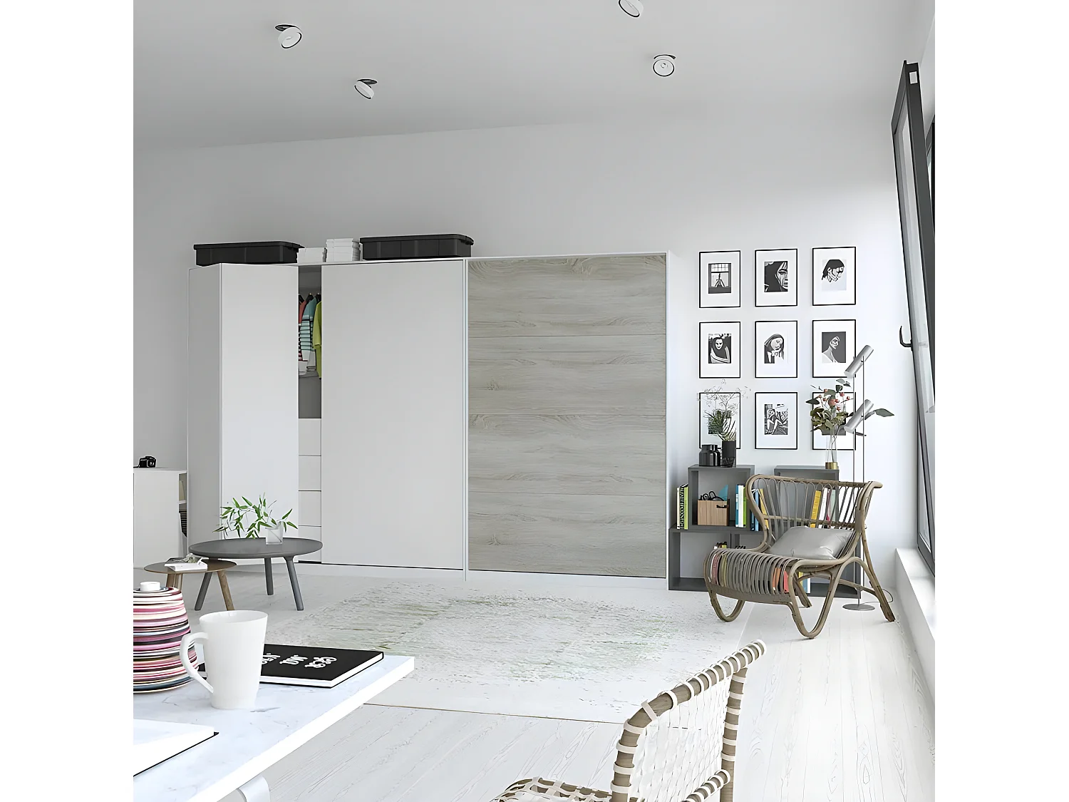 Armoire Lit escamotable 120x200cm Vertical Lit Rabattable Lit Mural Supérieur Blanc /Chêne Sonoma