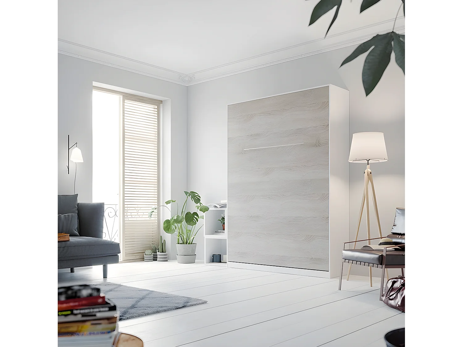 Armoire Lit escamotable 140x200cm Lit Rabattable Lit Mural Supérieur Vertical Blanc /Chêne Sonoma