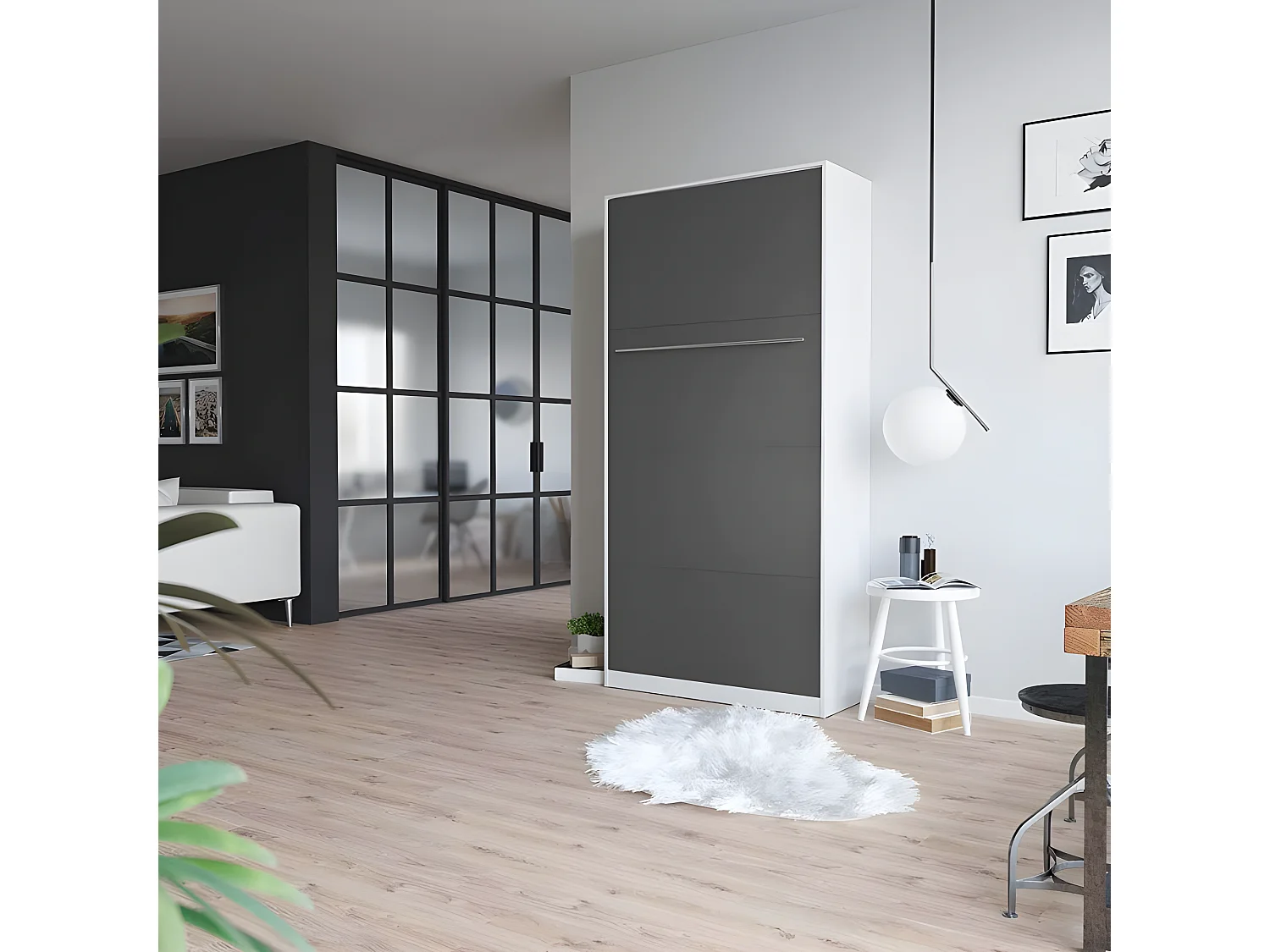 Armoire Lit escamotable 90x200cm Vertical Lit Rabattable Lit Mural Supérieur Blanc/Anthracite