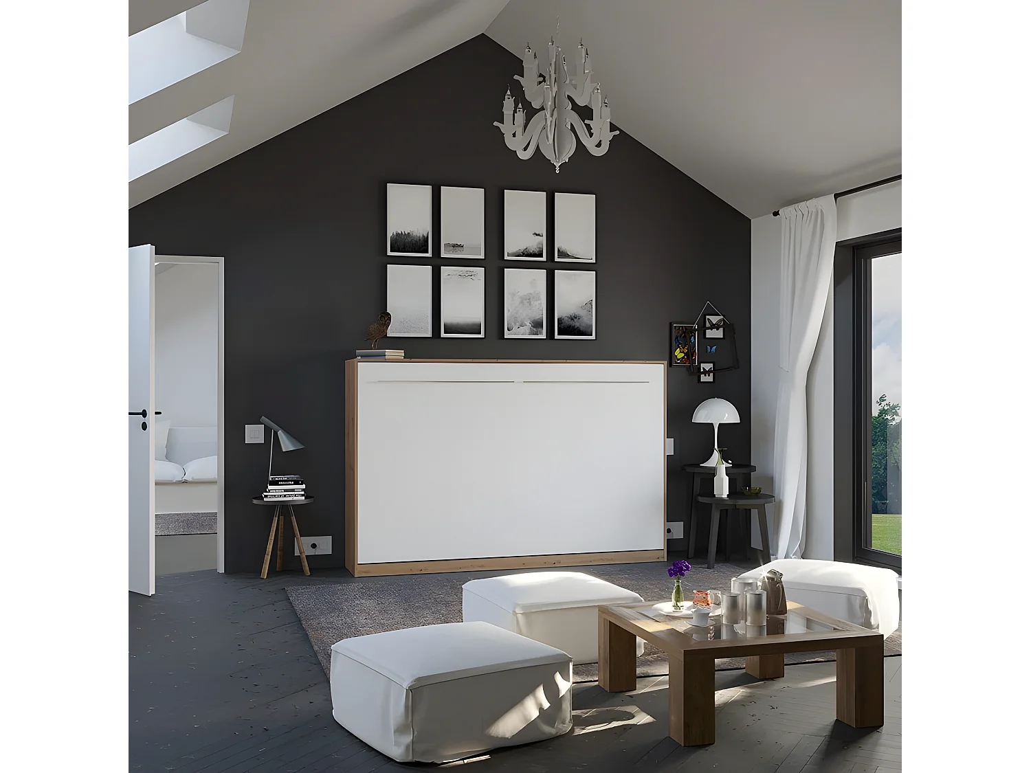 Armoire Lit escamotable 120x200cm Supérieur Horizontal Lit Rabattable Lit Mural Chêne Sauvage/blanc