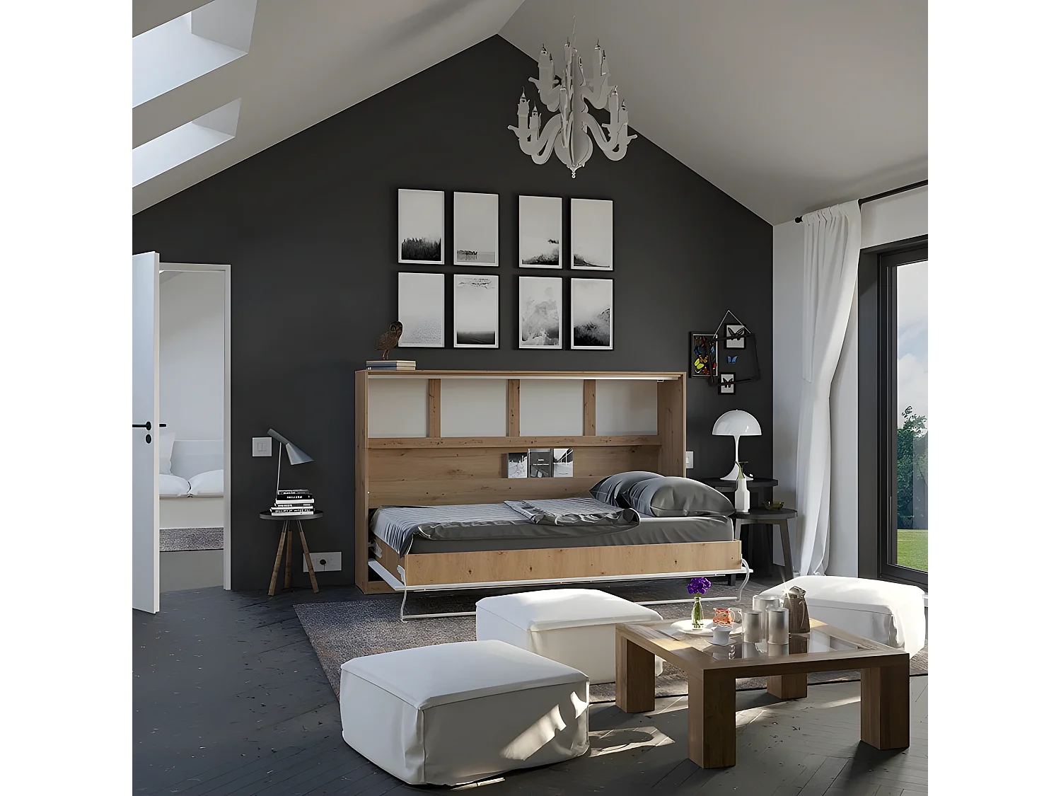 Armoire Lit escamotable 120x200cm Supérieur Horizontal Lit Rabattable Lit Mural Chêne Sauvage/blanc