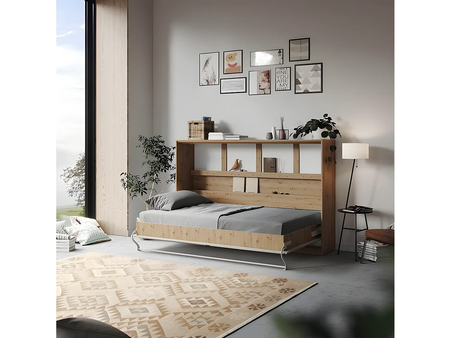 Armoire Lit escamotable 120x200cm Supérieur Horizontal Lit Rabattable Lit Mural Chêne Sauvage/Béton