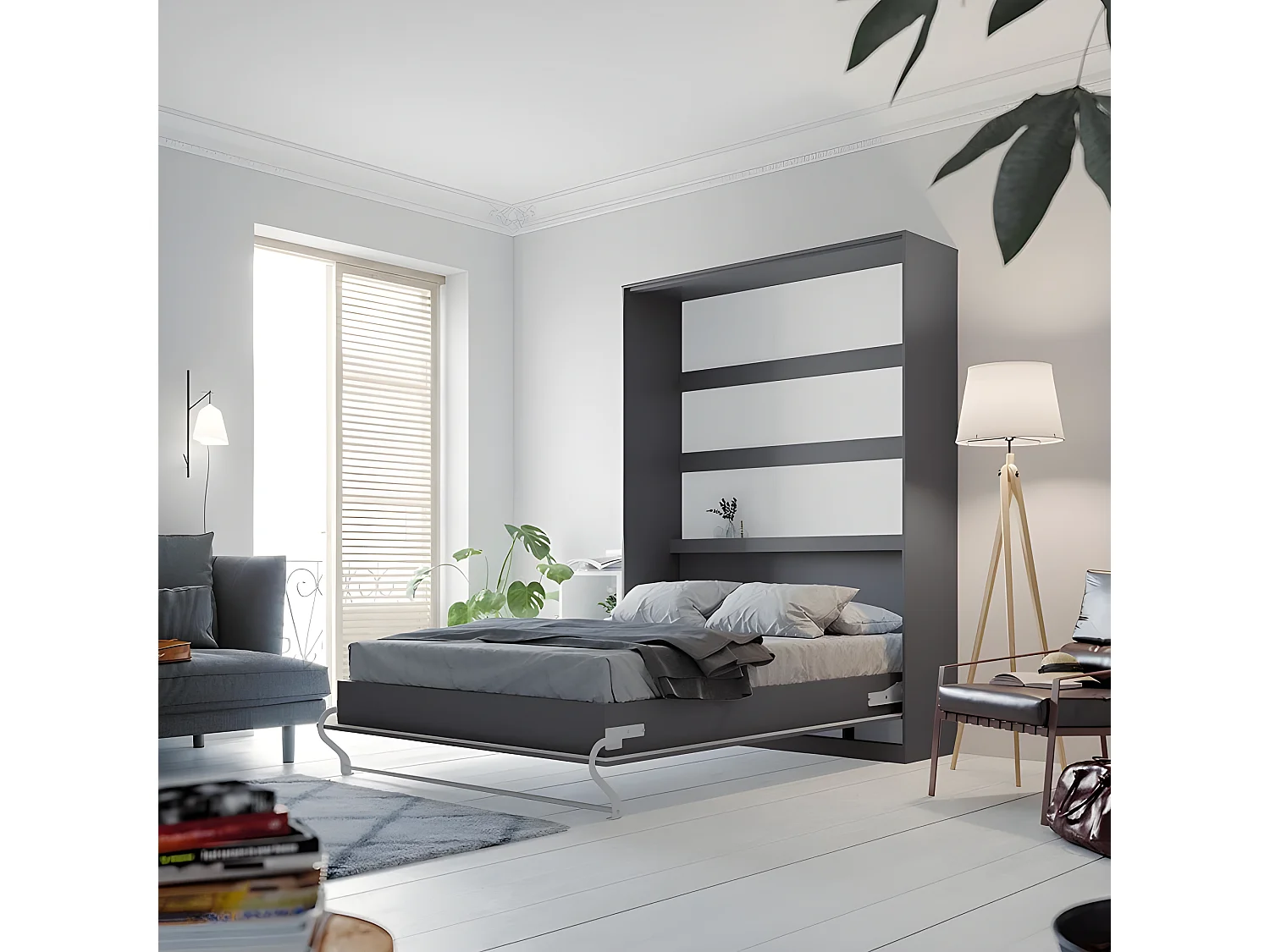 Armoire Lit escamotable 140x200cm Lit Rabattable Lit Mural Supérieur Vertical Anthracite/Anthracite