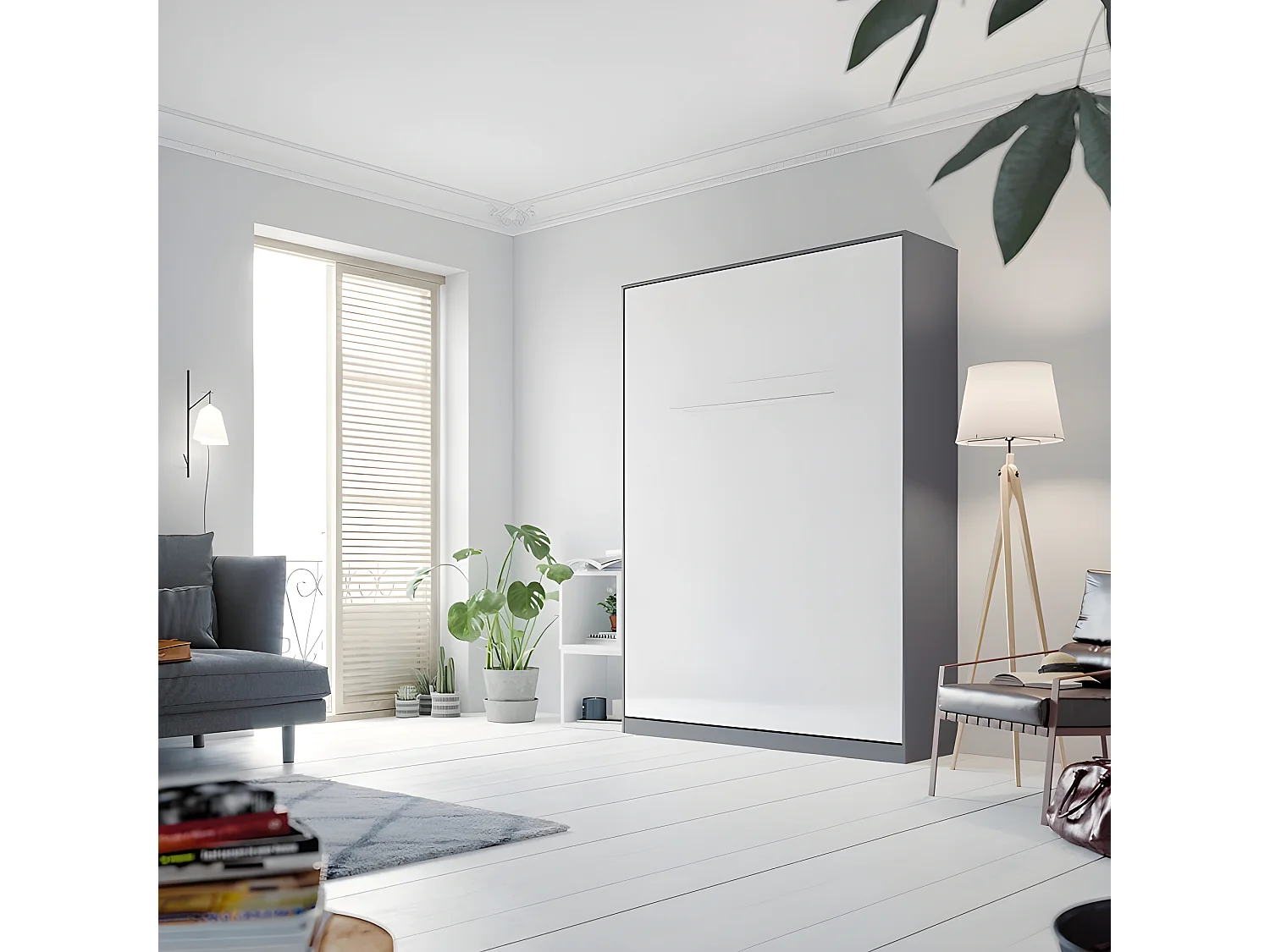 Armoire Lit escamotable 140x200cm Lit Rabattable Lit Mural Supérieur Vertical Anthracite/blanc brillant