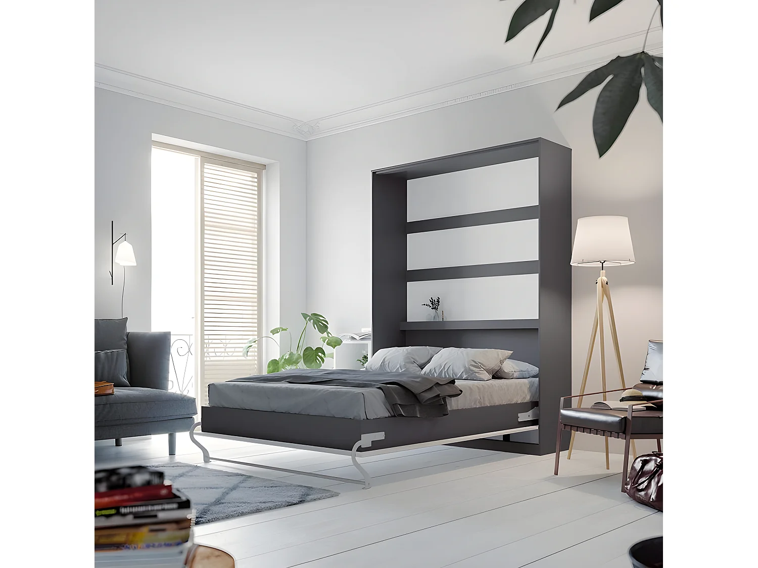Armoire Lit escamotable 140x200cm Lit Rabattable Lit Mural Supérieur Vertical Anthracite/blanc brillant