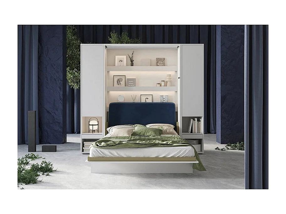 Lenart Armoire Lit escamotable +2 Placards tiroir Vertical 140x200 cm blanc mat Lit Rabattable Lit Mural"Consus"