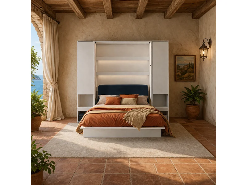 Lenart Armoire Lit escamotable +2 Placards tiroir Vertical 140x200 cm blanc mat Lit Rabattable Lit Mural"Consus"