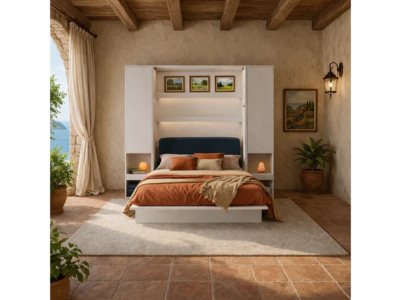 Lenart Armoire Lit escamotable +2 Placards tiroir Vertical 140x200 cm blanc mat Lit Rabattable Lit Mural"Consus"