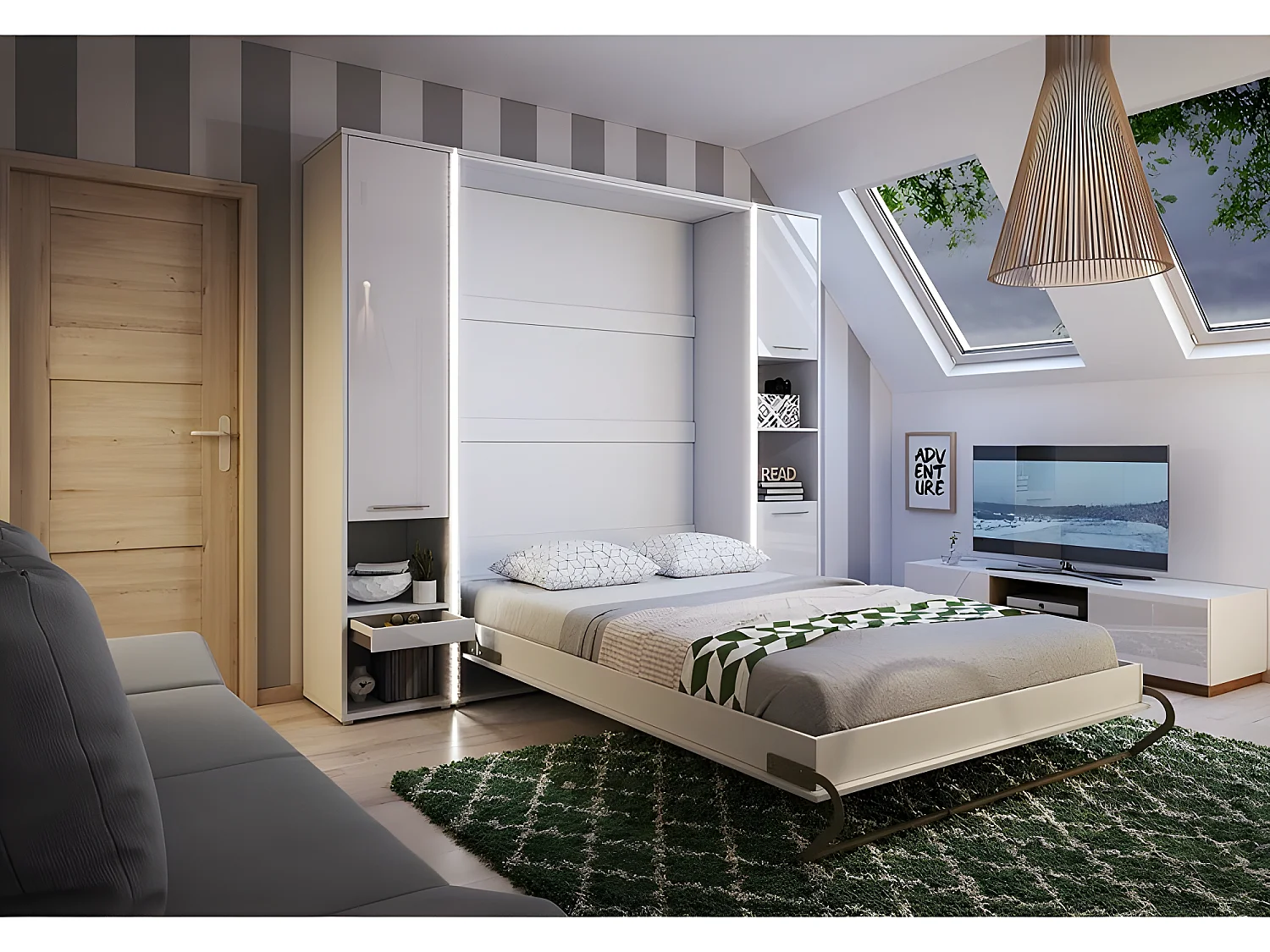 Lenart Armoire Lit escamotable Vertical 90x200 cm Blanc mat Lit Rabattable Lit Mural Consus pro