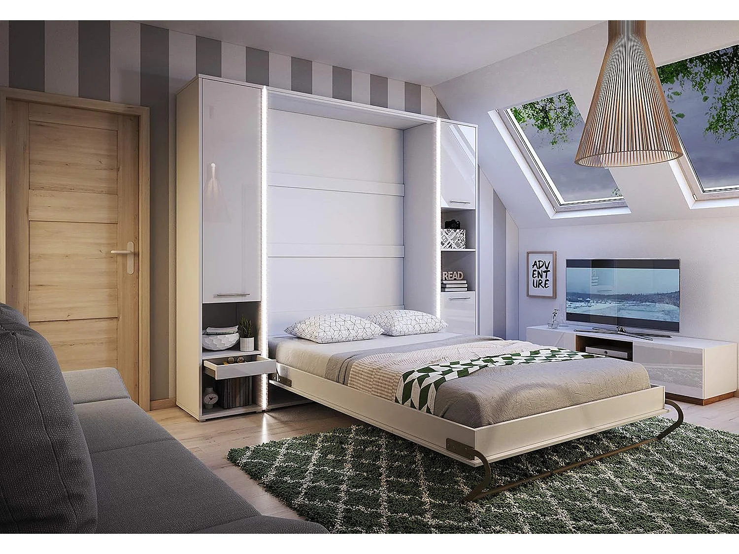 Lenart Armoire Lit escamotable Vertical 90x200 cm Blanc mat Lit Rabattable Lit Mural Consus pro