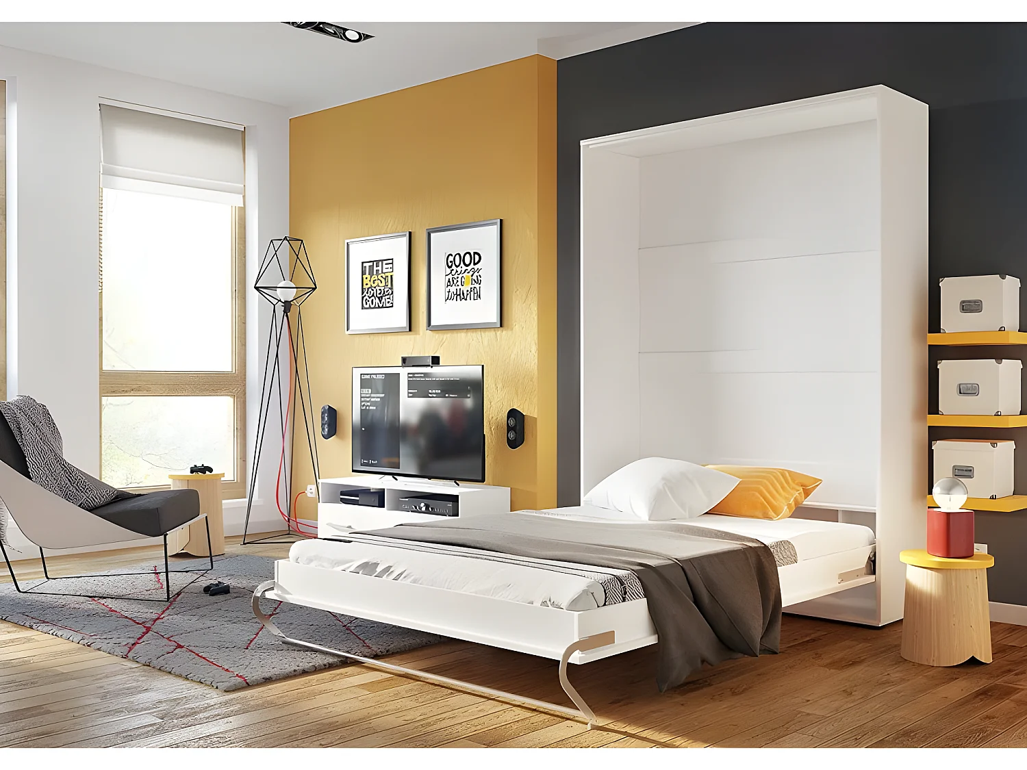 Lenart Armoire Lit escamotable Vertical 120x200 cm Blanc brillant Lit Rabattable Lit Mural Consus pro