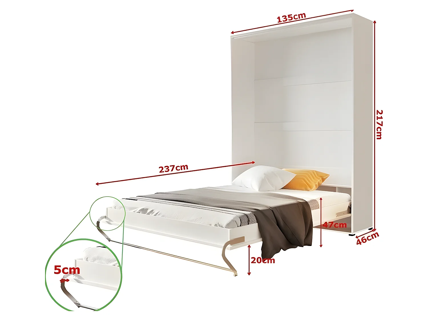 Lenart Armoire Lit escamotable Vertical 120x200 cm Blanc brillant Lit Rabattable Lit Mural Consus pro