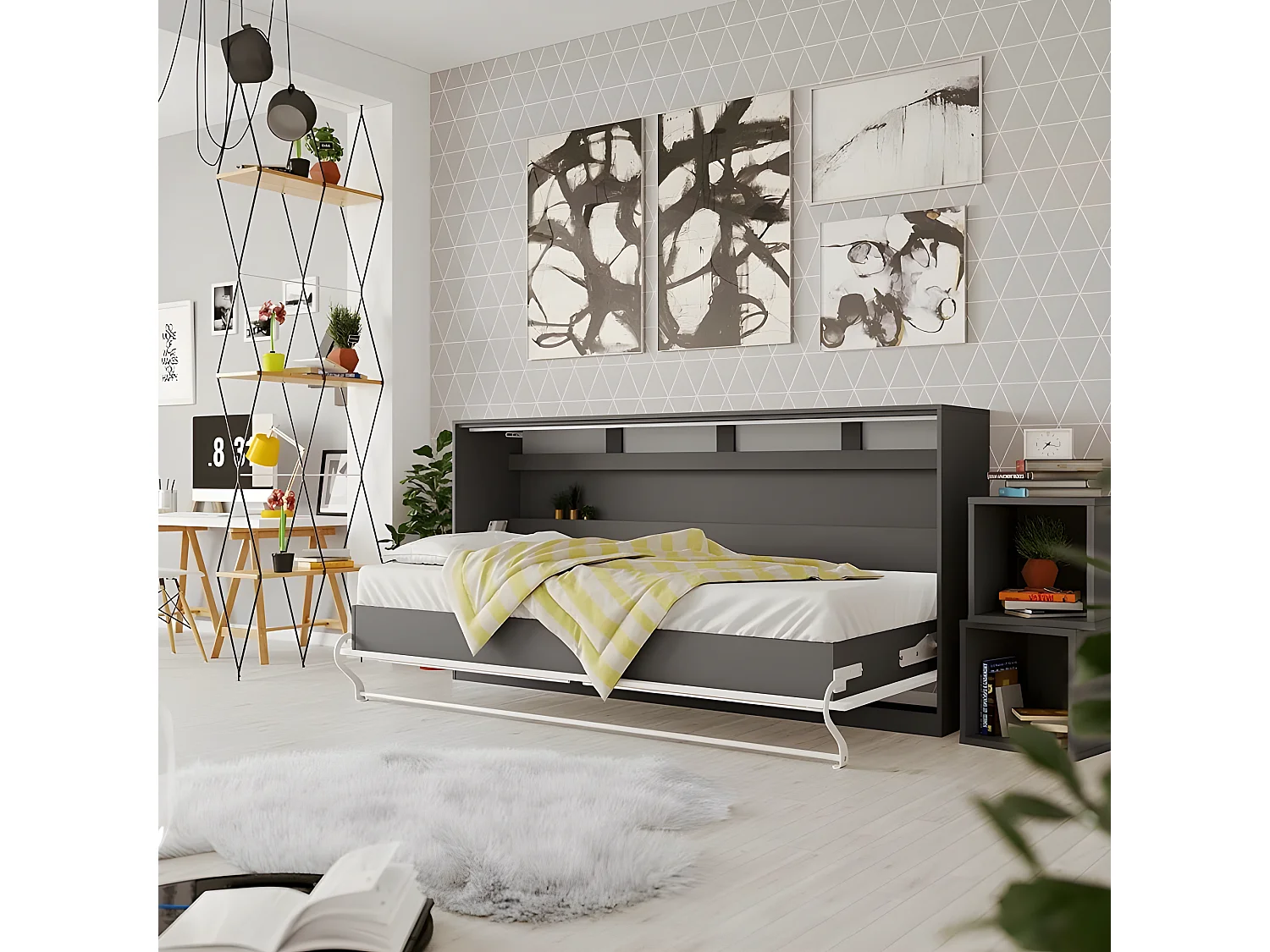 Armoire Lit escamotable 90x200cm Supérieur Horizontal Lit Rabattable Lit Mural Anthracite/blanc brillant