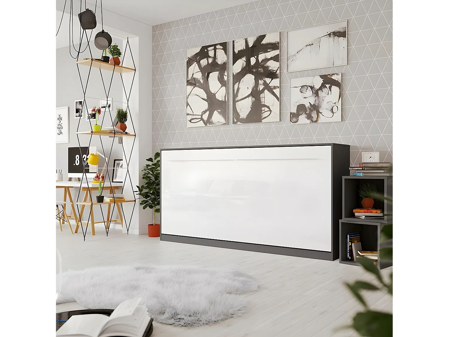 Armoire Lit escamotable 90x200cm Supérieur Horizontal Lit Rabattable Lit Mural Anthracite/blanc brillant