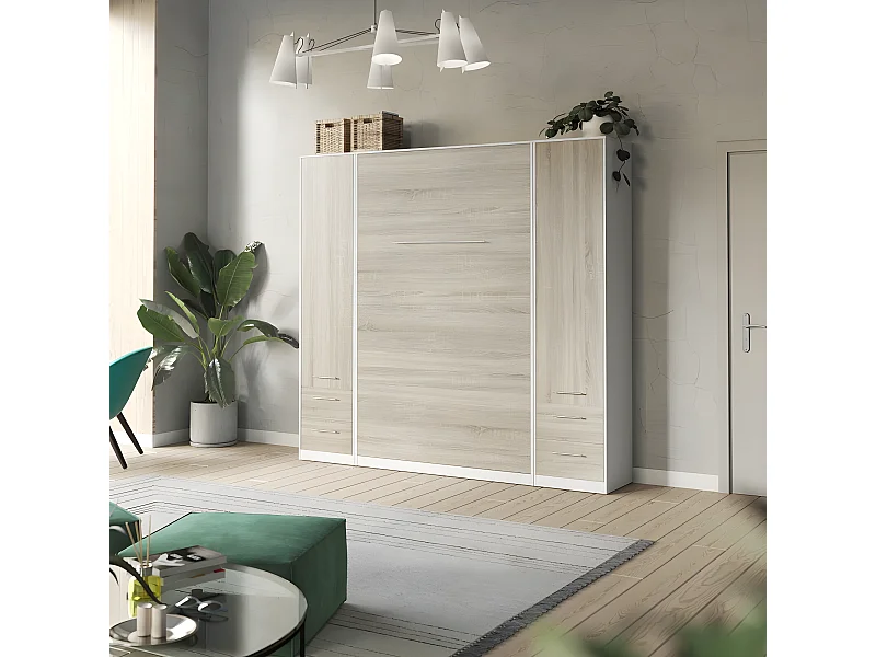 Lit escamotable +2 Placards Vertical 140x200+(50x2)cm Lit Rabattable Lit Mural Standard Blanc /Chêne Sonoma