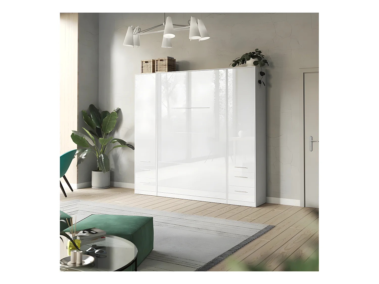 Lit escamotable +2 Placards Vertical 90x200+(50x2)cm Lit Rabattable Lit Mural Standard Blanc/Blanc brillant